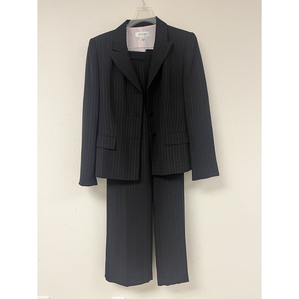 Suit Studio Brand Suit Black With Pink Stripes Size 16